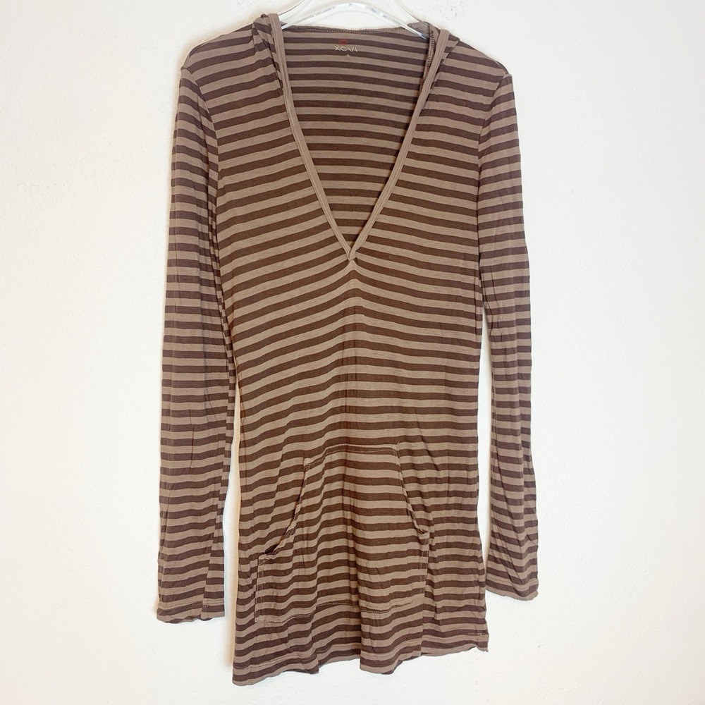 XCVI Tunic Top Womens Small Hooded Thin Y2K Striped Brown Lightweight Stretch S